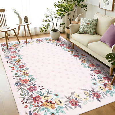 Tapis rose 274 x 366 cm pour salon, tapis fleuri lavable avec envers antidérapant, tapis à poils courts pour chambre et salle à manger