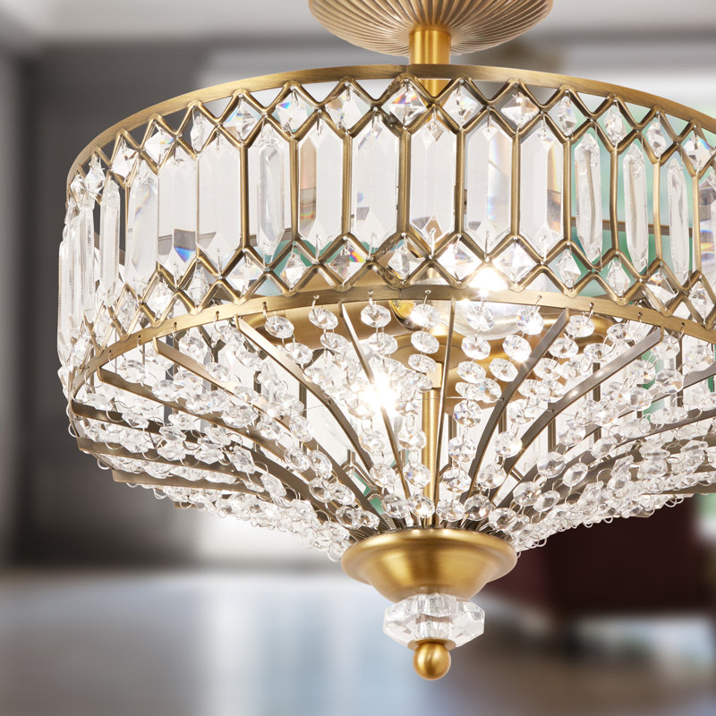 Eyne Laurie 14.75" W 2-Light Dimmable Carved Crystal Semi Flush Mount , Clear/Gold