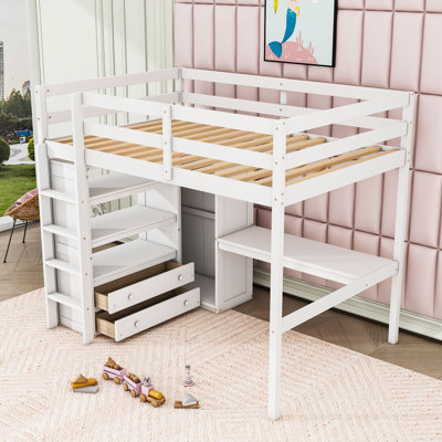 Kenessa Full Two Drawers Wood Loft Bed With Built-In Wardrobe, Desk And Shelves by Harriet Bee