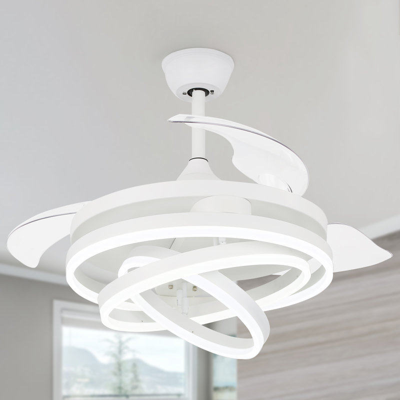 Ventilateur de plafond rétractable 42 po avec lumières DEL Brynnly, Blanc avec pales transparentes