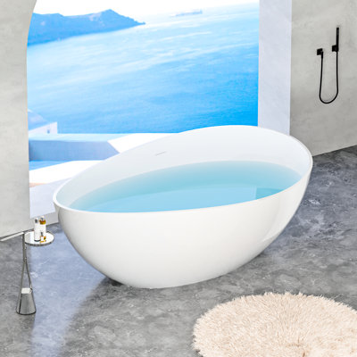 Luxury 63" Freestanding Glossy White Soaking Bathtub Of Stone Resin With Ergonomic Design And Easy Maintenance Engineered Bathtub, White, Non - Porous To Repair Surface