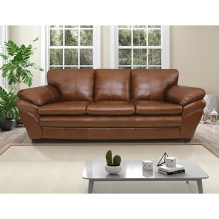 Canapé 84 po en cuir véritable avec accoudoirs coussinés