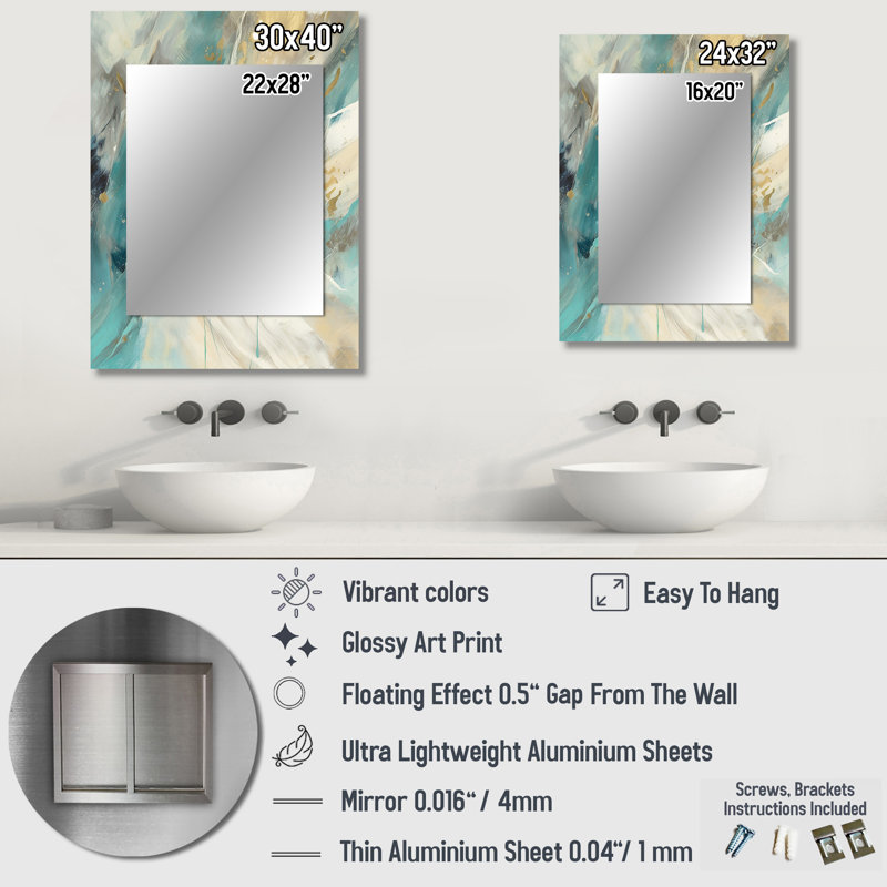 Turquoise Serendipity, peinture abstraite II, grand miroir mural, 32 po x 24 po