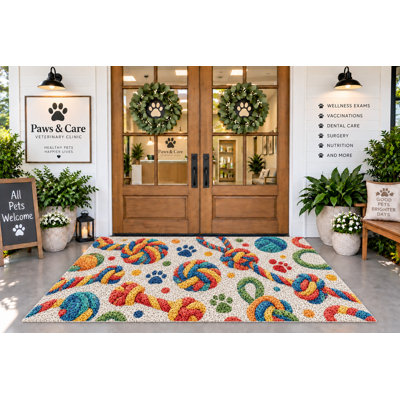 Tapis d'extérieur 152 x 213 cm, motif de nœuds de corde colorés, de boules et d'empreintes de pattes, tapis bouclé en PVC imperméable, résistant et à séchage rapide, idéal pour porche, terrasse, balcon ou clinique vétérinaire.