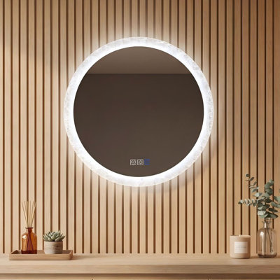 Miroir de salle de bain rond 76 x 76 cm avec éclairage DEL rétroéclairé 3 couleurs, luminosité réglable, antibuée, fonction mémoire, verre trempé argenté, fixation murale