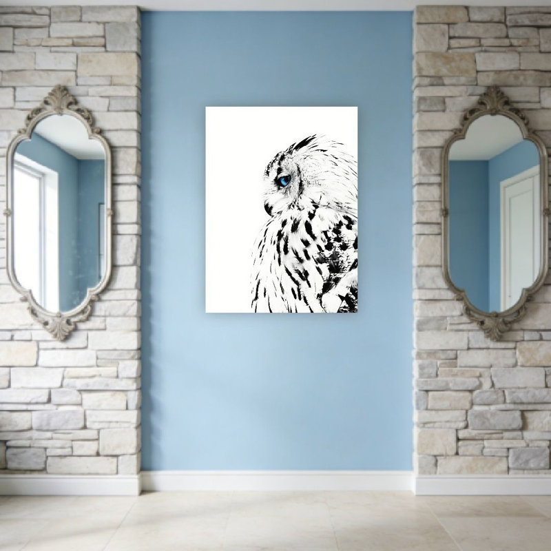 Plumes blanches chouette des neiges avec yeux bleus Industries, art mural non encadré, L 36 po x l 24 po