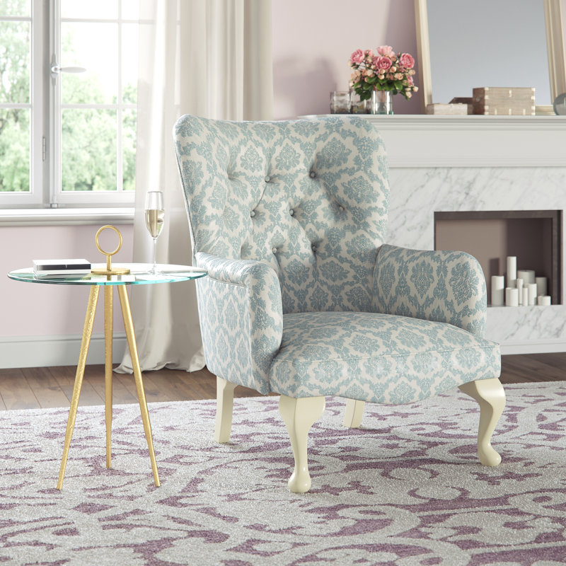 Loretta Upholstered Wingback Chair, Light Oak, Angelina Blue Pattern