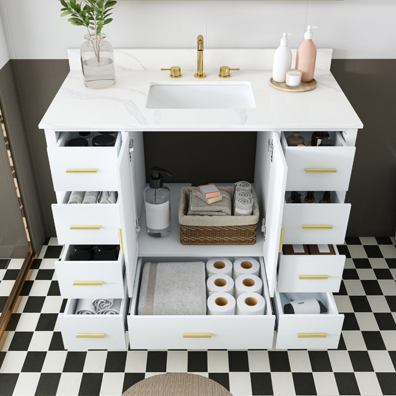 Meuble-lavabo moderne en bois massif de 42 po avec lavabo, comptoir en quartz blanc Carrara de 43 po avec 3 trous de robinet pré-percés, 2 portes doubles à fermeture douce et 9 tiroirs spacieux avec glissières (blanc)