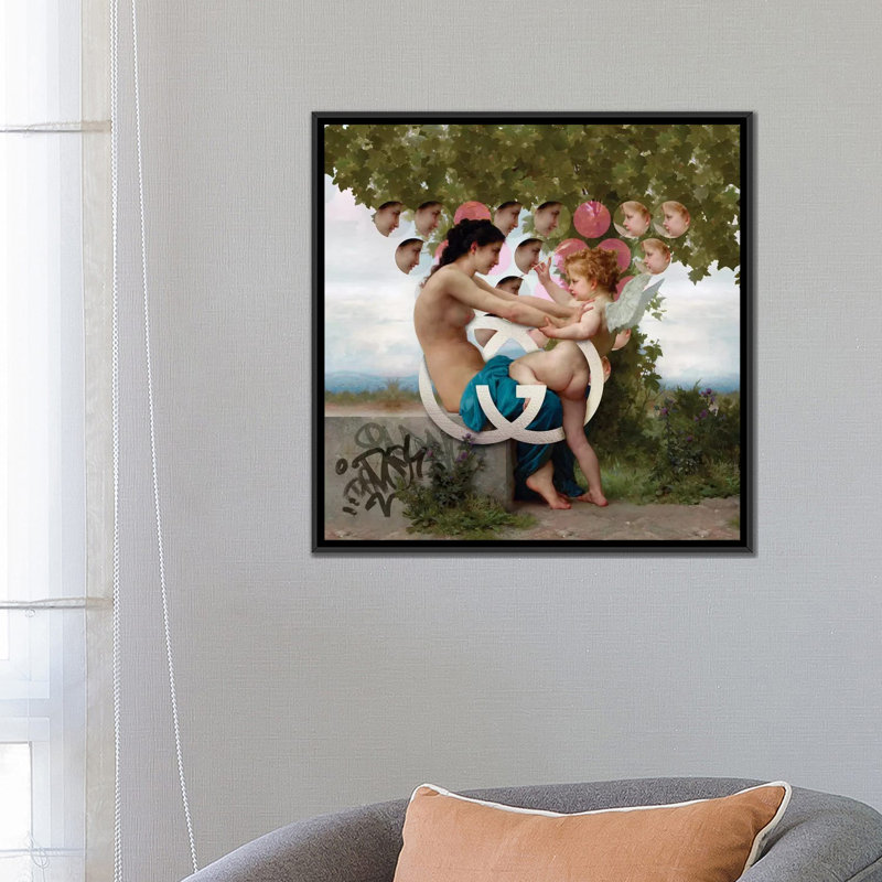 «Girl & Cupid», impression sur toile, H 18 po x l 18 po x P 1,5 po, Toile encadrée noire, Pas de tapis