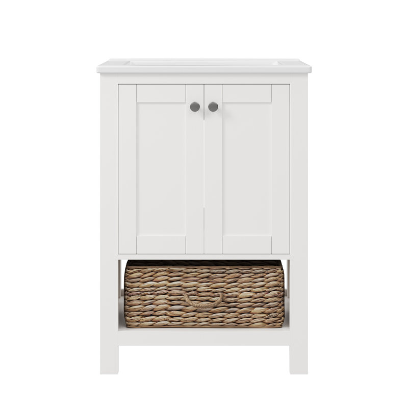 24" White Freestanding Bathroom Vanity with Ceramic Top and Woven Basket