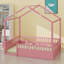 Lit de sol Montessori pour enfants avec ciel de toit en forme de maison, barrières de sécurité et étagère à livres-834560434-834560435