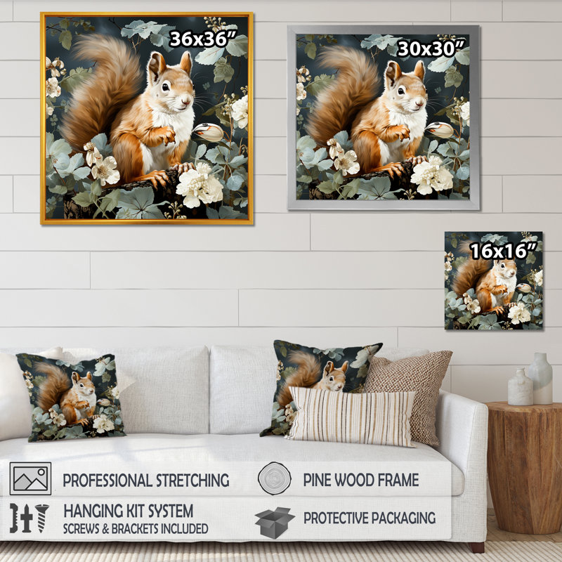 «Brown and Green Forest Squirrel Blooms» - art mural animal écureuil, H 36 po x l 36 po x P 1,5 po, Cadre simple noir