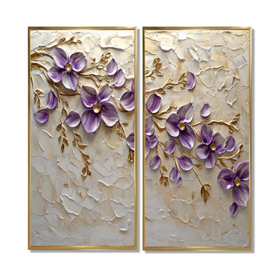 Purple Lilac Golden Flowers Melody I - Floral Lilacs Art Prints On Canvas 2 Pieces
