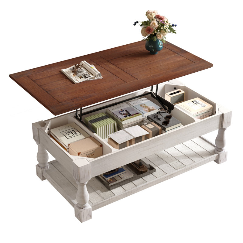 Table basse à plateau relevable Farmhouse, Blanc ancien, Espresso antique
