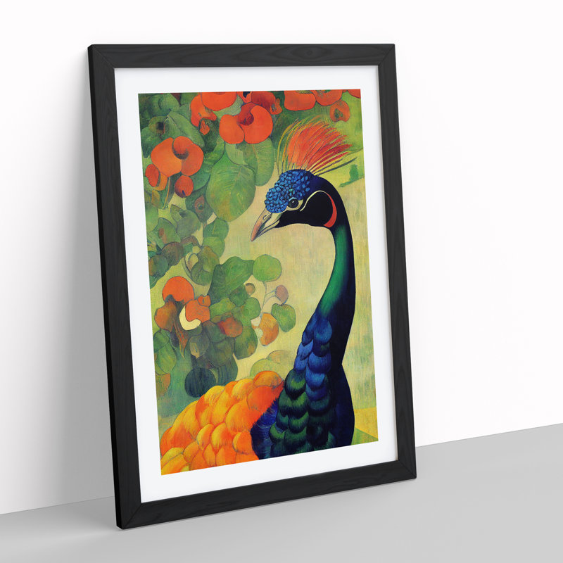 Painted Peacock No.1 - Single Picture Frame Painting, Black , 64cm H x 46cm W x 2cm D
