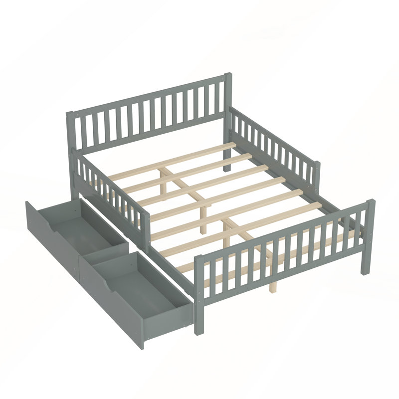 Full Size Wood Platform Bed with Guardrails and Storage Drawers for Safety and Organization, Gray