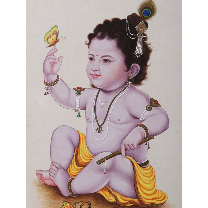 «Baby Krishna with Butterfly», peinture à l'aquarelle par Exotic India - Art spirituel indien traditionnel sur papier 16 po x 12 po