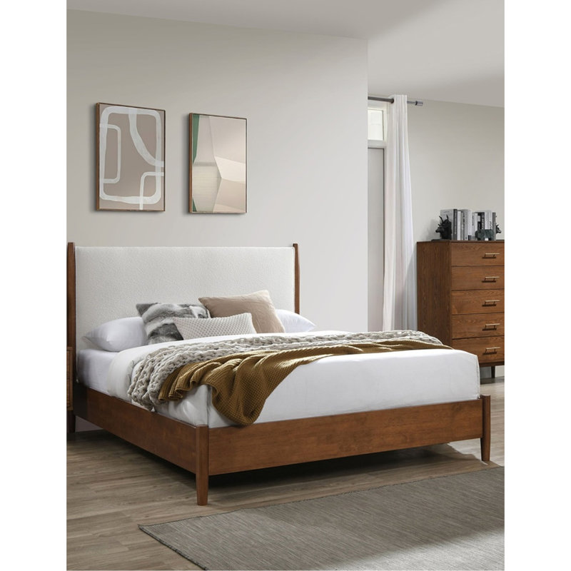 Grand lit de style Mid-Century moderne, tête de lit Boucle en noyer et beige, structure en bois massif, pieds fuselés ronds, lit compatible avec matelas de conception, couleur, panneau de placage en tissu, prêt