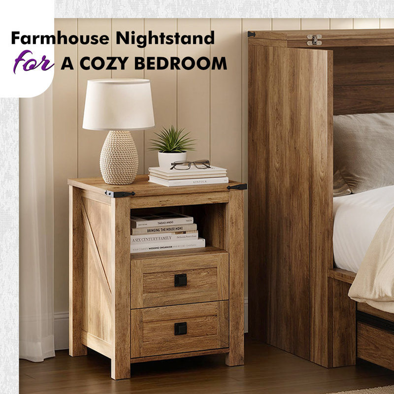 18" Farmhouse Nightstand Set with 2 Drawers & Open Shelf,Barnwood, Barnwood
