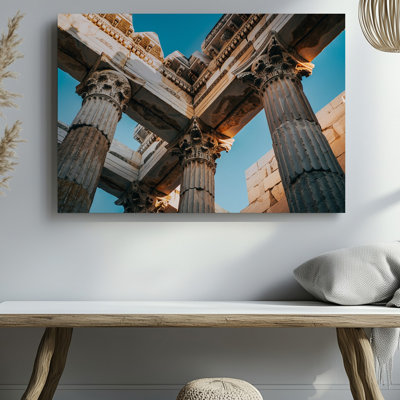 Canvas A Close Up View Of Ancient Greek Columns Showcases Their Wall Art Intricate Fluted Surfaces And Ornate Capitals The Weathered Canvas Wall Art
