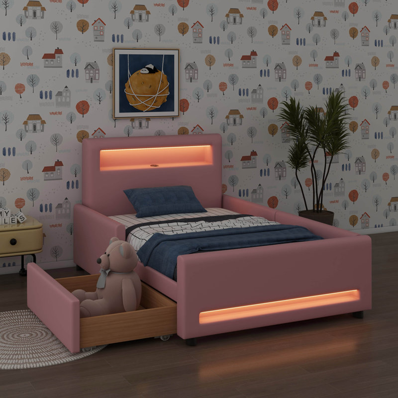 Structure de lit simple tapissier avec tiroir, lumière DEL et port USB, Lit simple, Rose