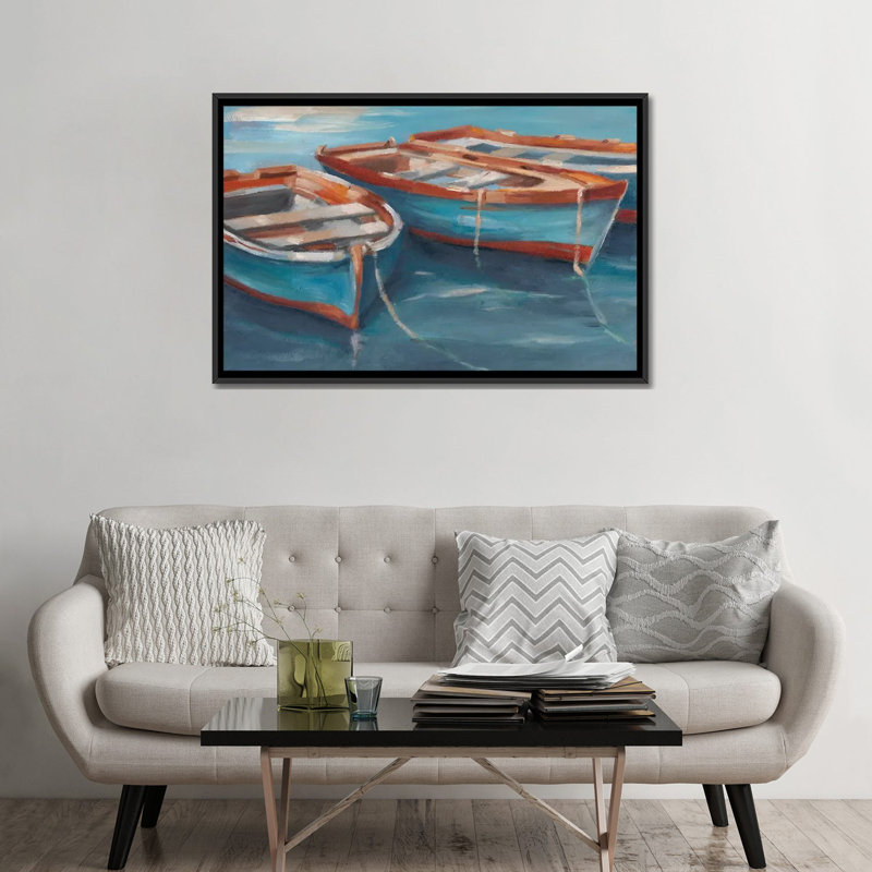 "Tefus Row boats II" par Ethan Harper, reproduction d’art, Pas de tapis, H 32 po x l 48 po x 1,5 po, Toile avec cadre noir