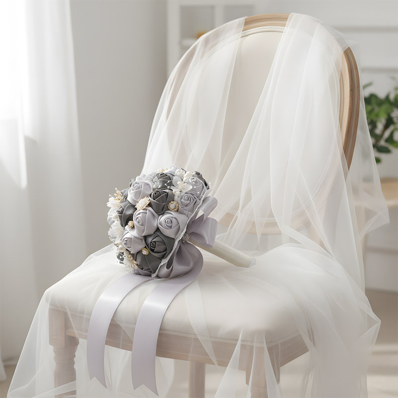 Bouquet de mariage rond en satin de rose fait à la main 7 pouces, Gris
