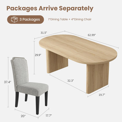 Ensemble de table à manger ovale de 63 pouces pour 4 personnes, table de cuisine 5 pièces avec base en bois épais et robuste et 4 chaises rembourrées à dossier haut avec pieds en bois et sièges rembourrés