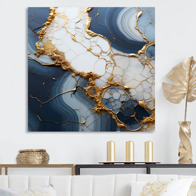 Art abstrait doré et bleu liquide III - encre liquide, art mural abstrait