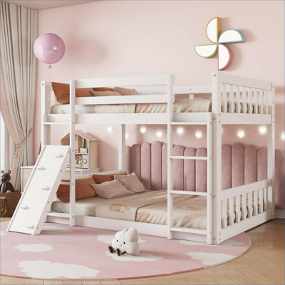 White-toned Playhouse Style Twin Over Twin Floor Bunk Bed, Solid Pine Construction with Climbing Ramp and Safety Guardrails