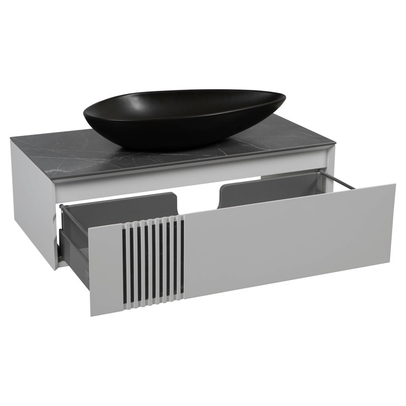 Manhattan White Matte Wall-Mount Vanity with Black Marble Washbasin