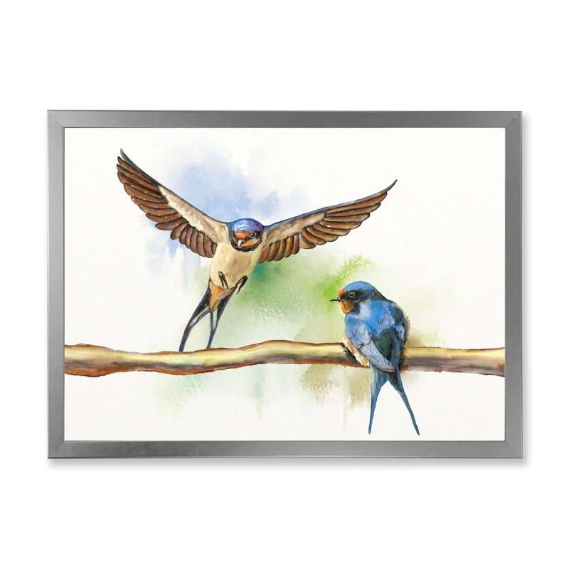 «Two Barn Swallows Birds», peinture sur toile encadrée, H 12 po x l 20 po x p 1 po, Encadrement argenté