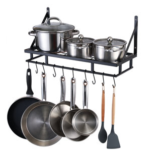 GeekDigg Pot Rack Organizer, 3 DIY Methods, Height and Position Are Adjustable 8+ Pots Holder, Black Metal Kitchen Cabinet Pantr