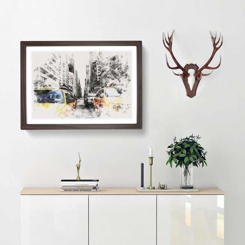 Two Yellow Taxi Cabs In New York Watercolour - Picture Frame Graphic Art, 33cm H x 45cm W x 2cm D, Walnut