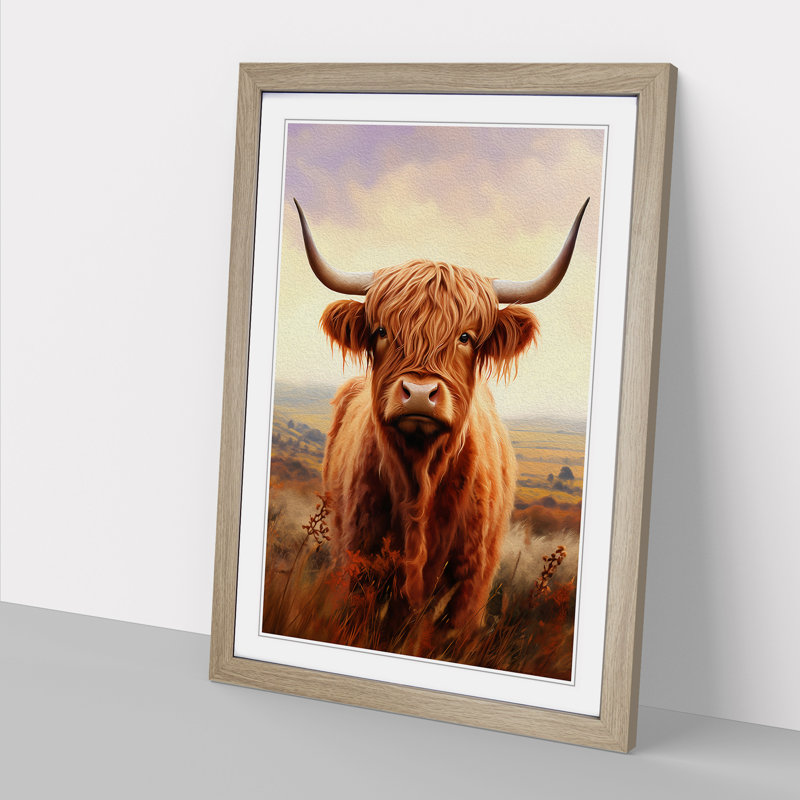 Highland Cow Digital - Single Picture Frame Print on Wood, 34cm H x 25cm W x 2cm D, Oak