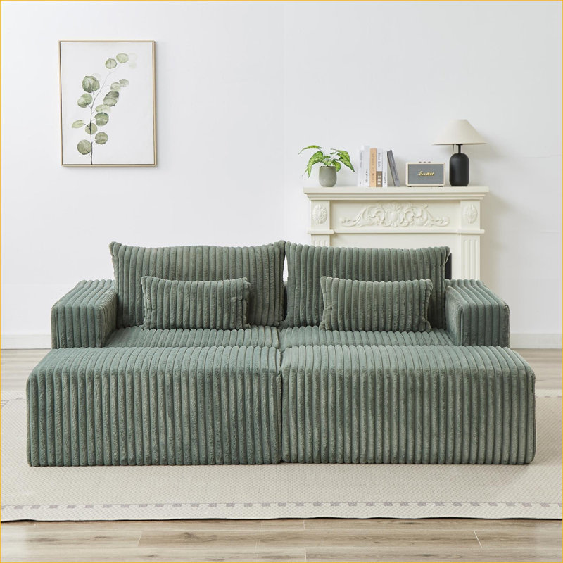 Canapés modulaires | Surdimensionné 87 pouces, moelleux, sans assemblage, 2 repose-pieds amovibles pour chambre à coucher | Velours côtelé | Vert armée