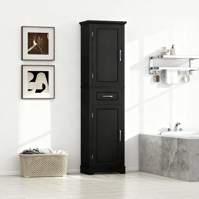 Space-Saving Tall Bathroom Storage Cabinet With Double Doors,Adjustable Shelves And Painted Mdf Board, Black