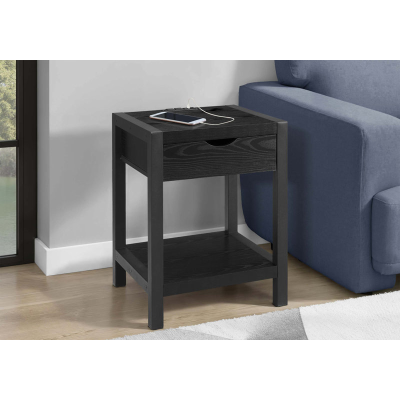 Table d'appoint contemporaine avec tiroir de rangement et port USB pour le chargement, Black