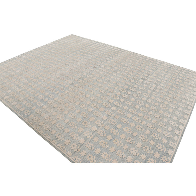 Rug & Kilim’S Modern Block Print Rug In Blue With White Floral Patterns, Rectangle 4' x 5'