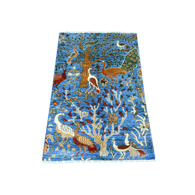 Tapis peshawar afghan 2 pi 7 po x 4 pi avec motif oiseaux de paradis, teinture végétale, laine douce et brillante nouée à la main, tapis, échantillon, tapis oriental