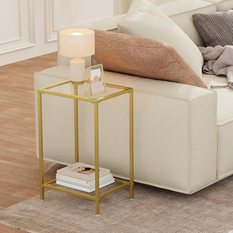 Andromedae Side Tables Set of 2, End Tables with Tempered Glass, 2-Tier Nightstands with Storage Shelves, Coffee Table with Modern Style, Slim Sofa Table for Living Room, Bedroom, 11.8" D x 15" W, Golden