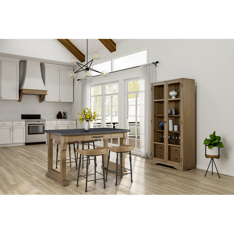 Îlot de cuisine avec 4 tabourets Deemston - Base en placage de hickory avec plateau en ciment et tiroirs de rangement