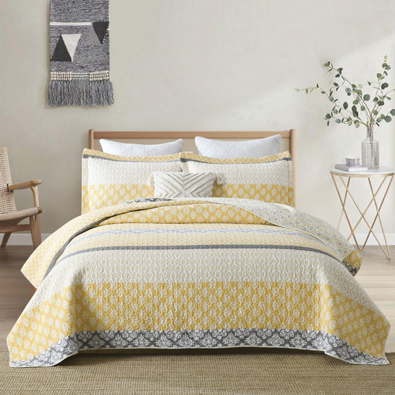 Ensemble de courtepointe 100% coton 98 po x 90 po DDUOXIN - 1 courtepointe avec 2 taies décoratives, Jaune/gris