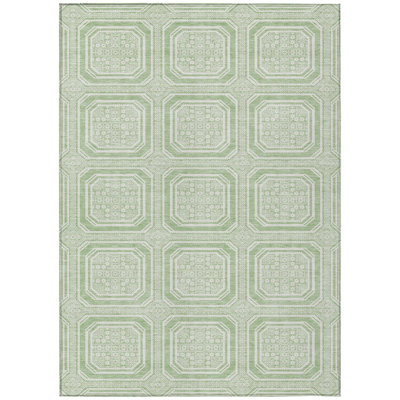 5' X 8' Mint Green And Ivory Geometric Washable Indoor Outdoor Area Rug
