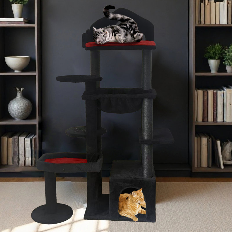 Arbre à chat avec esthétique sombre, lit confortable et ficelle noire avec des meubles noirs, Spooky House, rembourré