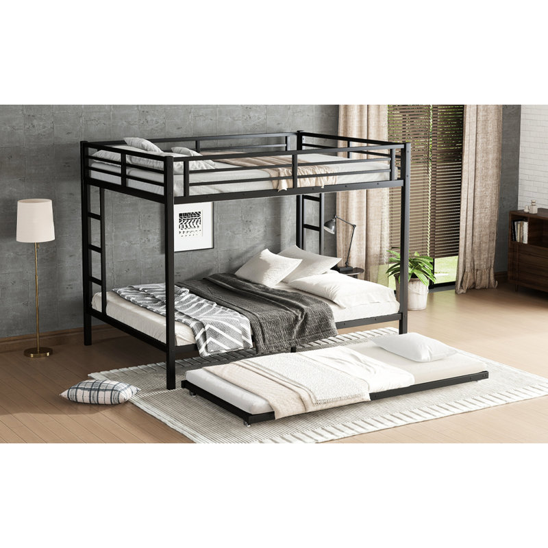 Queen Over Black Metal Bunk Bed With Trundle - Strong Support, Quiet Sleep, Space Utilization Storage Heavy Duty Build, Noise , Safe Guardrails