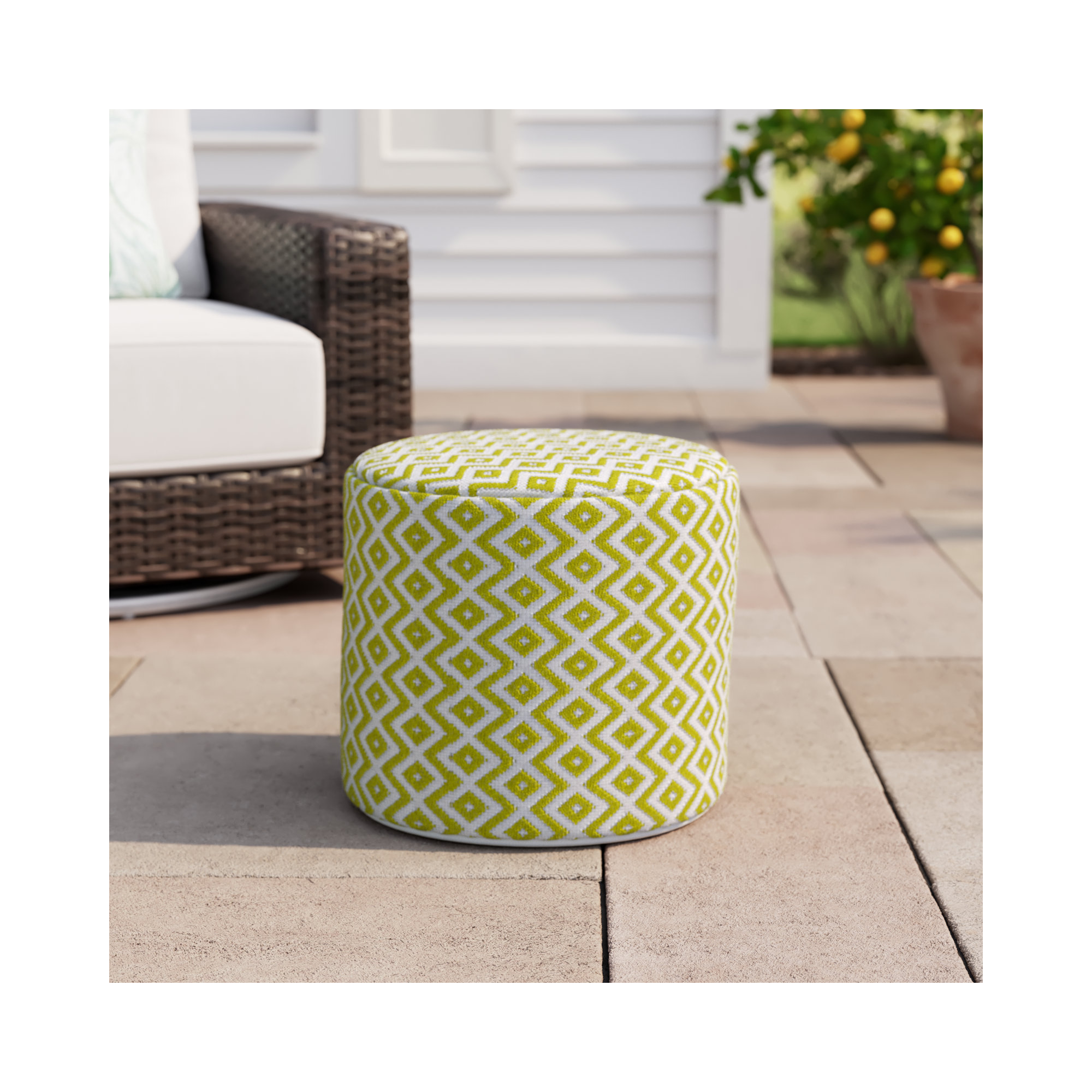 Destina Round Upholstered Outdoor Ottoman, Light Green/Ivory Polyester