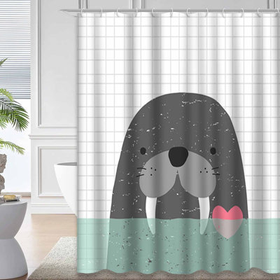 Waterproof Cute Doodle Baby Bath Cartoon Water Animals Shower Curtain with 12 Hooks