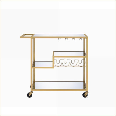 Serving Cart with Storage, Mirrored Top/Shelves & Caster Wheels | Champagne Finish | Metal & Mirror by Latitude Run