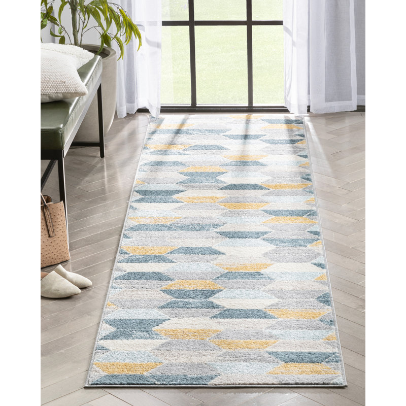 Tapis bleu / gris / or Espey, Tapis de couloir 2 pi 7 po x 9 pi 10 po
